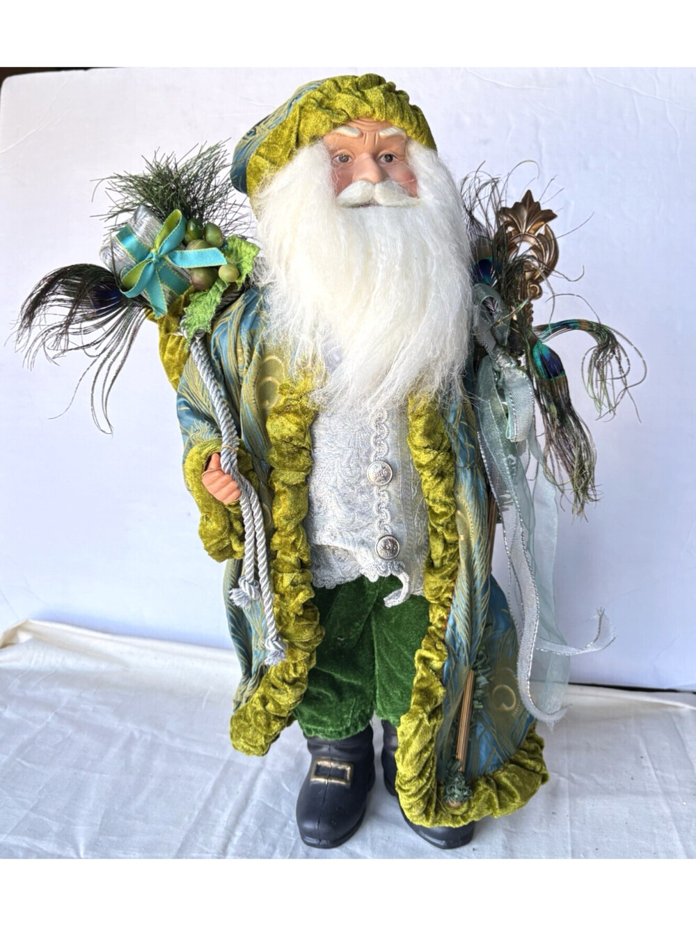 Peacock Santa Claus Figurine 18" Christmas Holiday Decor Teal Green Velvet Doll